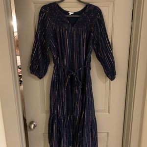 Crown & Ivy smocked neck tiered midi dress with multi-colored metallic stripes